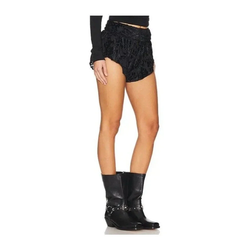 Free People NEW Snow Angel Micro‎ Shorts LARGE Black Velvet Burnout Ruffles